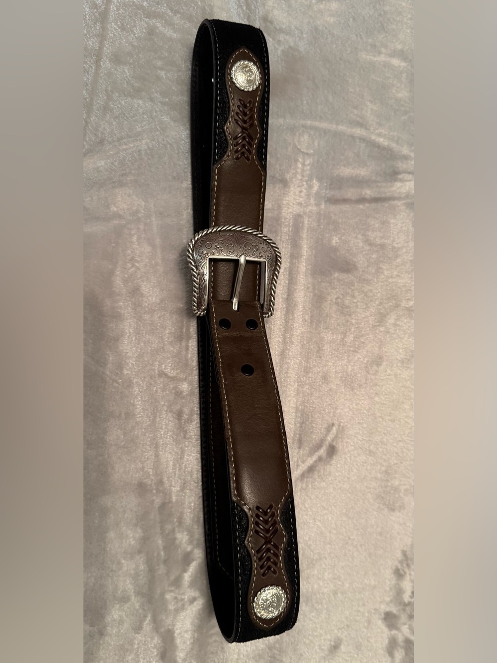 Nocona Brown/Black Leather Western Belt with Silver Buckle & Woven Accents Sz 36 - Picture 5 of 7